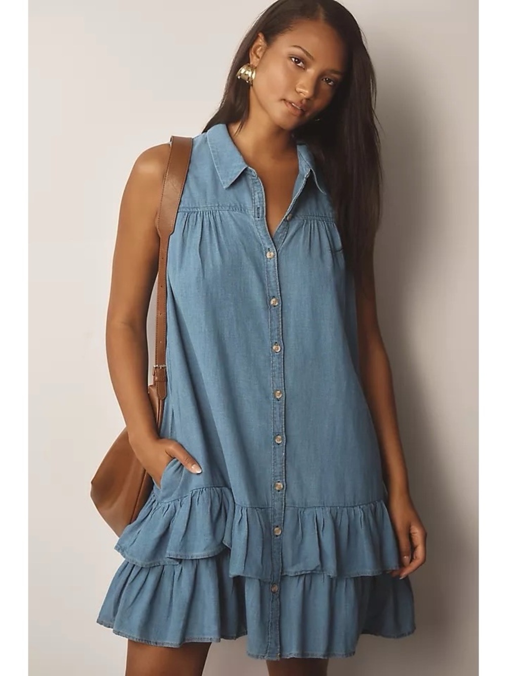 Anthropologie Flounce Mini Skirt Dress Chambray Blue NEW Size XS Petite $148